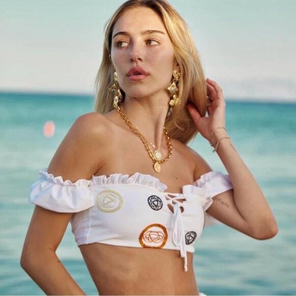 Oceanus X Cinta The Label Off The Shoulder Beaded Bikini Top Size Medium White‎ - Picture 1 of 6